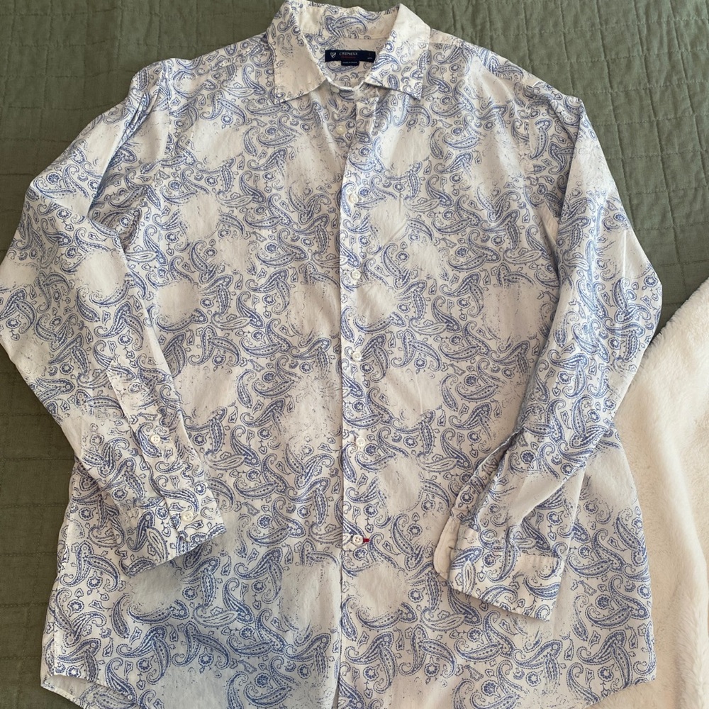 Cremieux Collection white & blue paisley print long sleeve button down shirt L